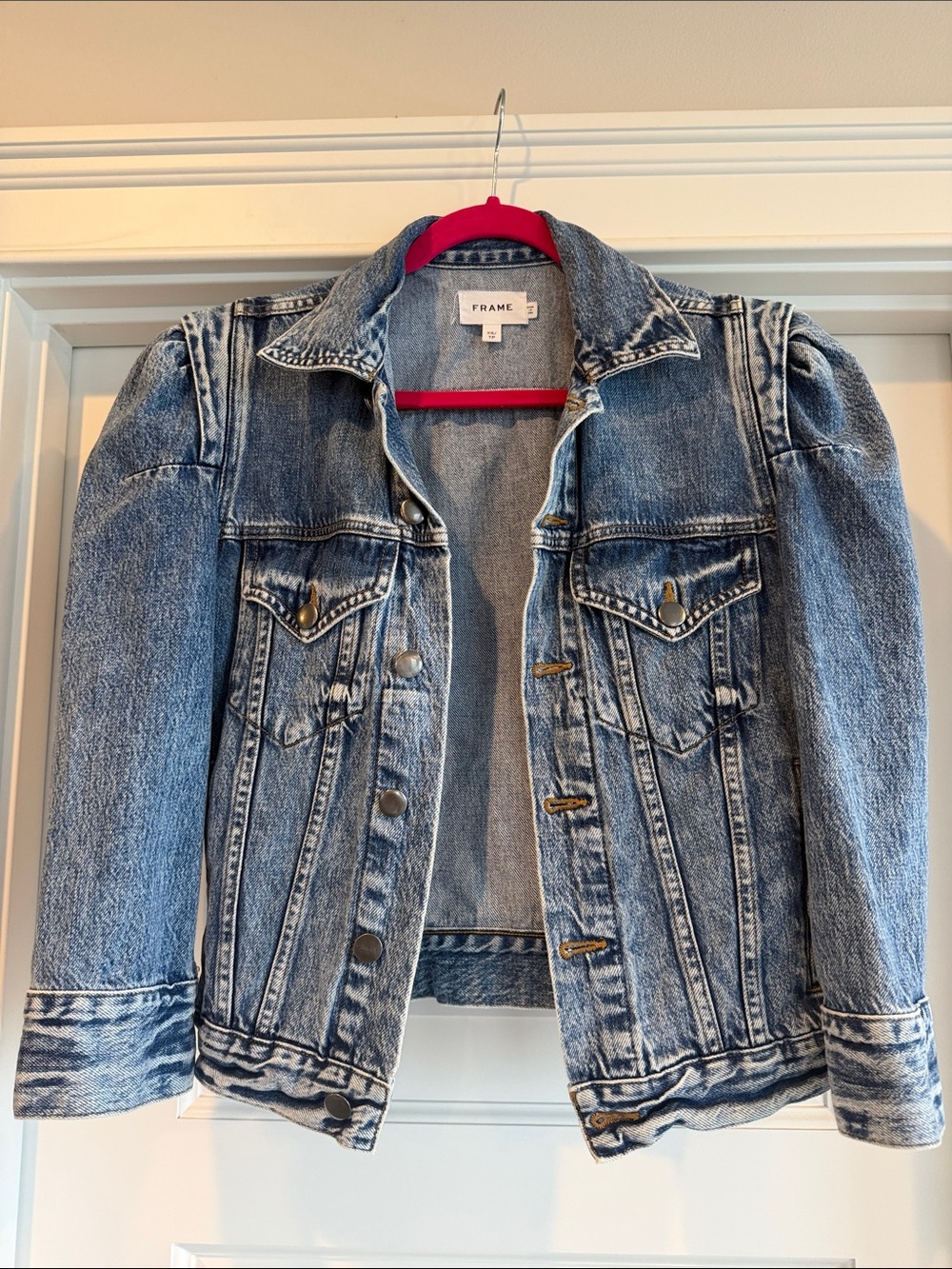 Frame Denim Light Blue Denim Jacket with puff shoulders